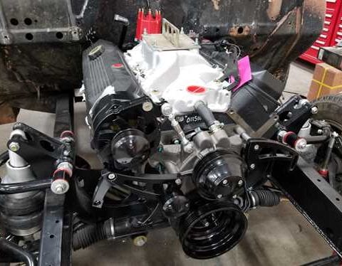 V8 engine installed in car chassis